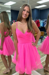 Hot Pink Lace-Up Deep V Neck A-line Tulle Homecoming Dress