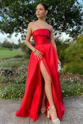 Trendy A Line Strapless Red Long Prom Dress with Split Front