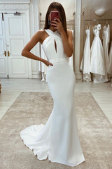 White Cross-Front Keyhole Sheath Long Wedding Dress