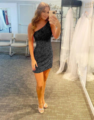 Glitter One-Shoulder Hot Pink Homecoming Dress With Sequins