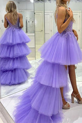 Stylish High Low Spaghetti Straps Purple Prom Dress with Appliques