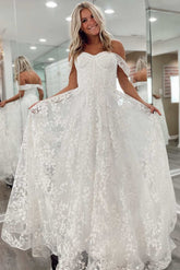 White Floral Lace Off-the-Shoulder A-Line Bridal Gown