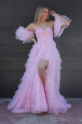 Princess A Line Sweetheart Pink Corset Prom Dress with Ruffles Split Front