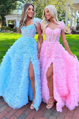 Stunning A-Line Feather Straps Long Ruffle Tulle Prom Dress With Split