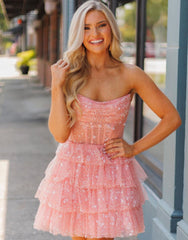 Cute A-Line Strapless Zipper Back Tiered Tulle Homecoming Dress