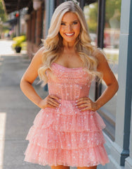 Cute A-Line Strapless Zipper Back Tiered Tulle Homecoming Dress