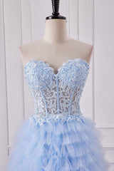 Cute Light Blue Sweetheart A-Line Lace Top Long Tulle Prom Dress With Slit