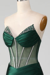 Dark Green Mermaid Strapless Long Corset Prom Dress with Beading