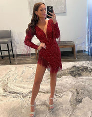 Dark Red Long Sleeves Homecoming Dress With Tassel