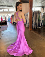 Deep V-Neck Cross Back Long Satin Prom Dress With Split