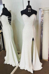 Sweetheart High Slit White Long Prom Dress with Rhinestones