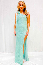 Mint Green Tie Shoulder Prom Dress with Slit