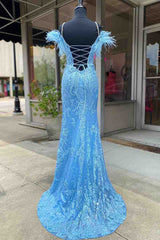 Light Blue Appliques Long Prom Dress with Detachable Feathered Shoulder