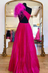 Pleated Feather One Shoulder Fuchsia Long Prom Dress