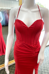 Red Satin Lace-Up Pleated Long Prom Dress with Slit