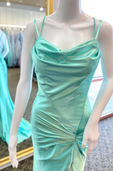 Mint Green Satin Cowl Neck Straps Pleated Long Prom Dress with Slit