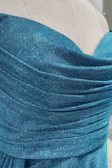Sparkly Ink Blue Strapless Pleated Long Prom Dress with Slit