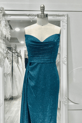 Sparkly Ink Blue Strapless Pleated Long Prom Dress with Slit