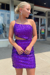 Straps One Shoulder Purple Sequins Homecoming Dress