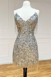 Silver V Neck Lace-Up Sequins Tight Homecoming Dress with Tassels