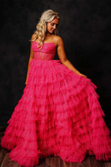Strapless Gold Layered Tulle Long Formal Dress with Sequins