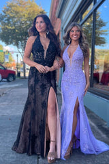 Halter Lace Corset Slit Long Prom Dress with Appliques