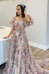 Princess A-Line Floral Corset Long Prom Dress with Balloon Sleeves