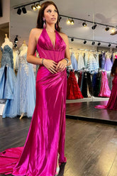 Magenta Halter Ruched Mermaid Long Prom Dress with Slit