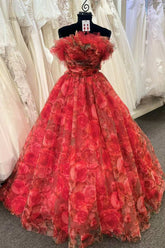 Strapless Red Floral Print Organza Long Ball Gown