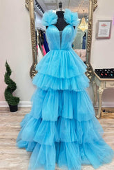 Light Blue Ruffle Straps A-Line Tiered Prom Dress