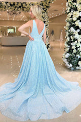 Plunging Neck Light Blue Beaded A-Line Formal Dress