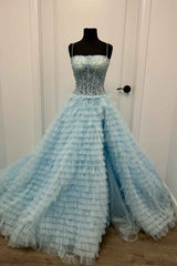 Straps Red Sequin Appliques Layered Tulle Ball Gown
