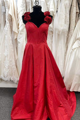 Straps Rosette Red A-Line Slit Long Prom Dress