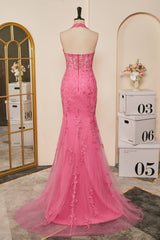 Halter Lace Corset Slit Long Prom Dress with Appliques