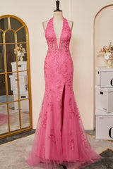 Halter Lace Corset Slit Long Prom Dress with Appliques