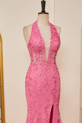 Halter Lace Corset Slit Long Prom Dress with Appliques