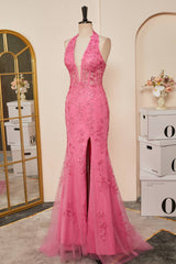 Halter Lace Corset Slit Long Prom Dress with Appliques