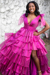 Glitter Tie Straps Pink Plunging Neck Tiered Long Prom Dress