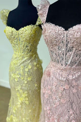 Yellow Ruffle Straps 3D Flower Mermaid Long Prom Dress