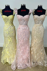 Yellow Ruffle Straps 3D Flower Mermaid Long Prom Dress