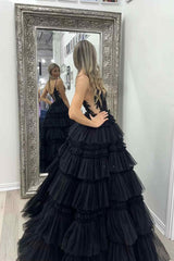 Plunging V-Neck Straps Appliques Layered Prom Dress