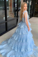 Tie Straps Light Blue Plunging Neck Layered Prom Dress with Appliques