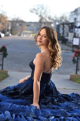 Navy Blue One Shoulder Sequin Ruffle A-Line Formal Dress