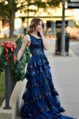 Navy Blue One Shoulder Sequin Ruffle A-Line Formal Dress
