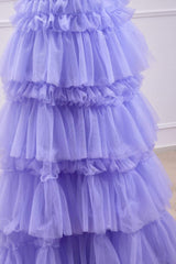 Straps Lavender V-Neck Appliques Layered Prom Dress
