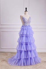 Straps Lavender V-Neck Appliques Layered Prom Dress
