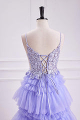 Straps Lavender V-Neck Appliques Layered Prom Dress