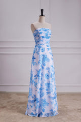 Strapless Blue Floral Print Pleated Long Prom Dress