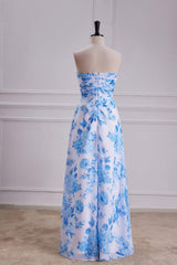 Strapless Blue Floral Print Pleated Long Prom Dress