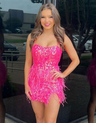 Fuchsia Bodycon Spaghetti Straps Party Dress With Feather